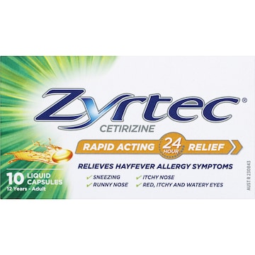 Zyrtec Rapid Acting Hayfever Allergy Relief Antihistamine Capsules 10 pack