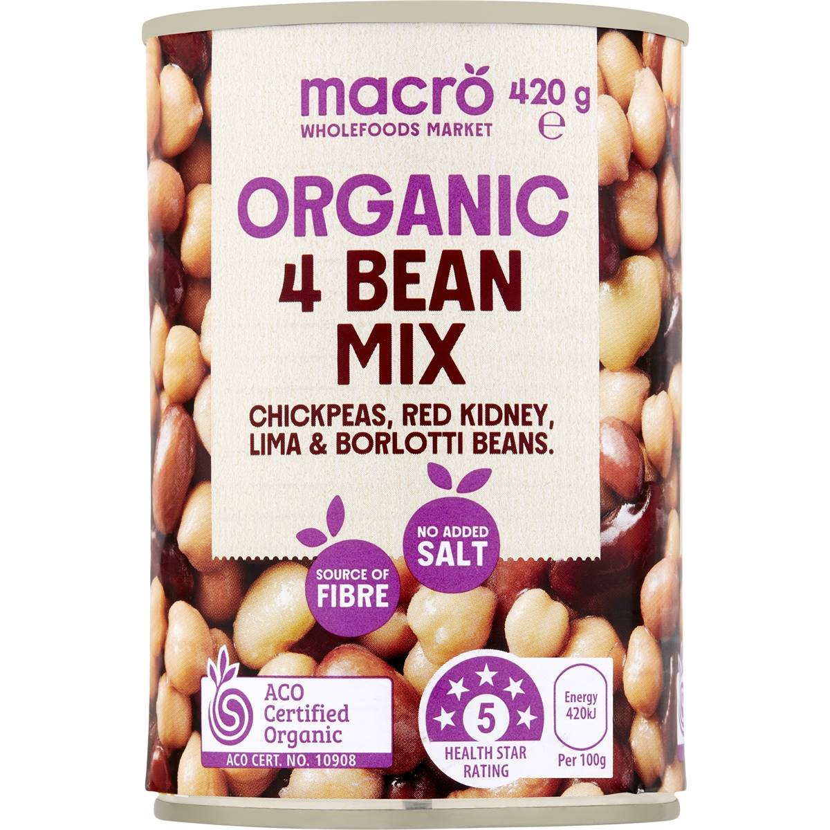 Macro Organic 4 Bean Mix No Added Salt 420g