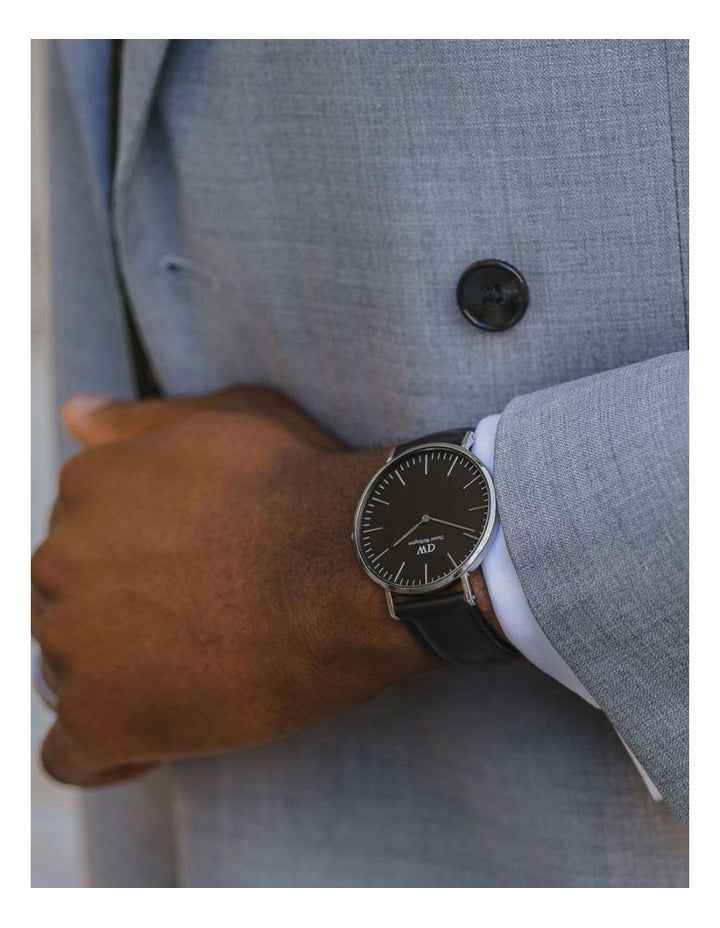 40mm Classic Sheffield Leather Watch in Black/Silver