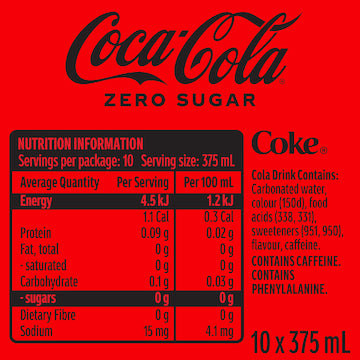 Coca-Cola Zero Sugar Soft Drink Multipack Cans 375mL x 10 pack