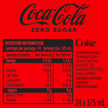 Coca-Cola Zero Sugar Soft Drink Multipack Cans 375mL x 24 pack