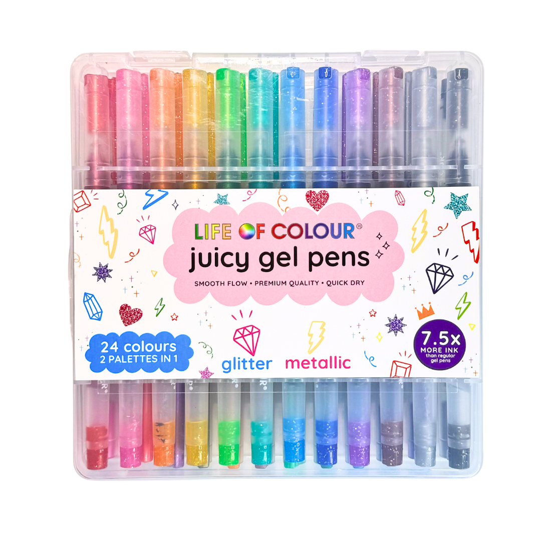 Life of Colour Juicy Gel Pens Set of 24 Metallic and Glitter Stationary Art and craft for kids 3yrs+