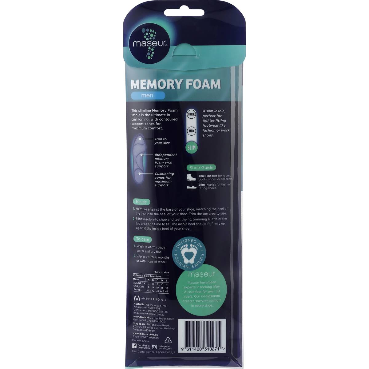 Footcare Memory Foam Insole Men 1 Pair