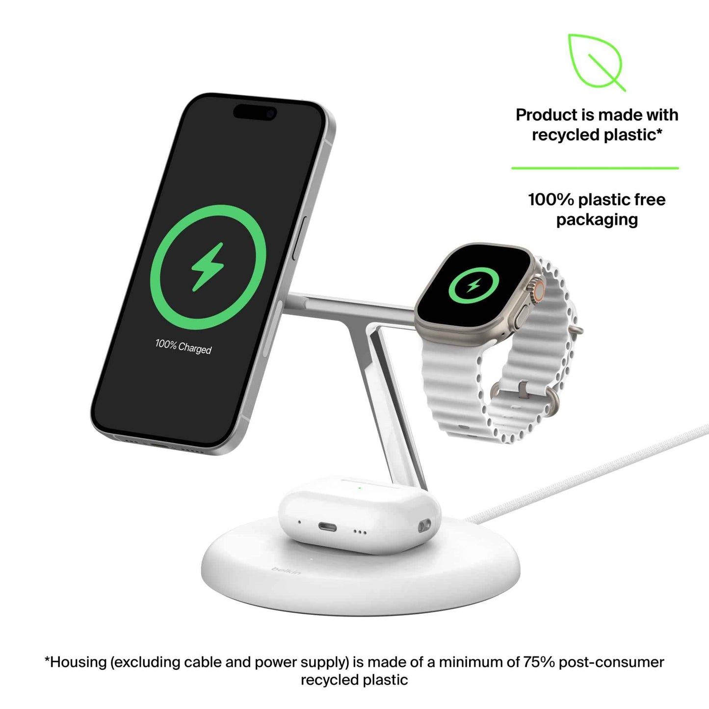 BoostCharge Pro 3-in-1 Magnetic Wireless Charging Stand with Qi2 15W (White)