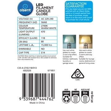 Olsent LED Filament Candle SES 4.0W 470Lm Warm White 2 pack