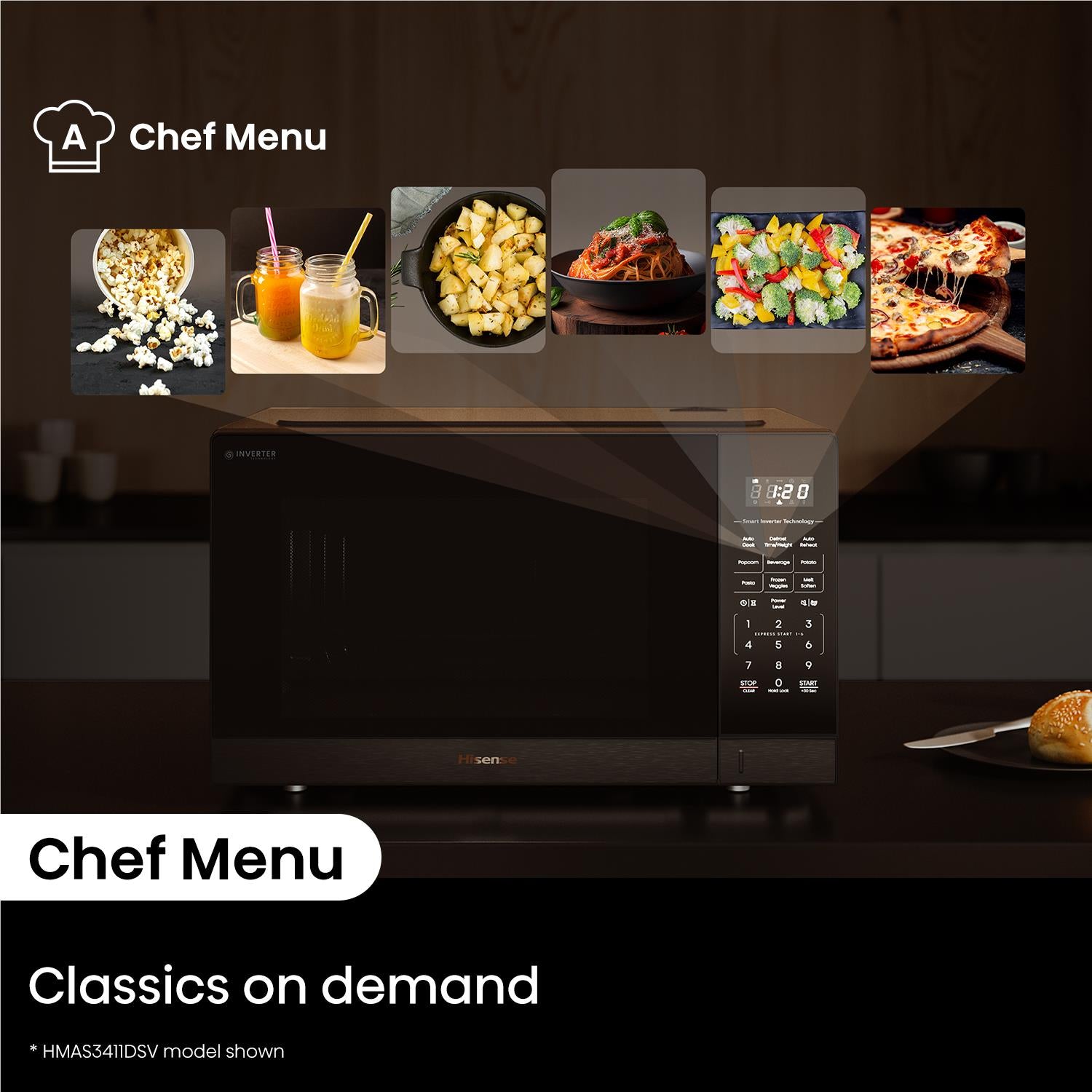 Hisense HMAS3411BMV 34L 1100W Smart Inverter Microwave Oven (Black Mirror)