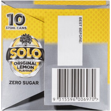 Solo Zero Sugar Original Lemon Soft Drink Cans Multipack 375mL x 10 pack