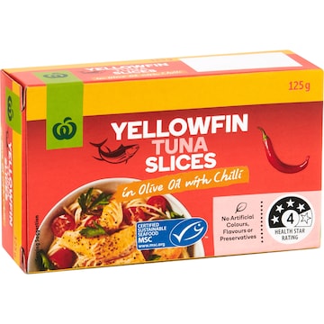 Woolworths Yellowfin Tuna Slices In Olive Oil With Chilli 125g