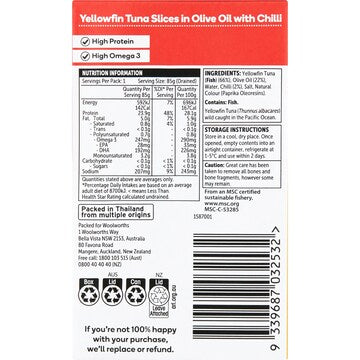 Woolworths Yellowfin Tuna Slices In Olive Oil With Chilli 125g