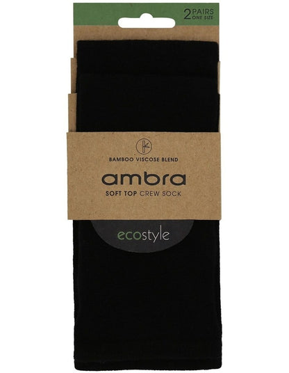 Bamboo Soft Top Crew Length Socks 2 Pair in Black