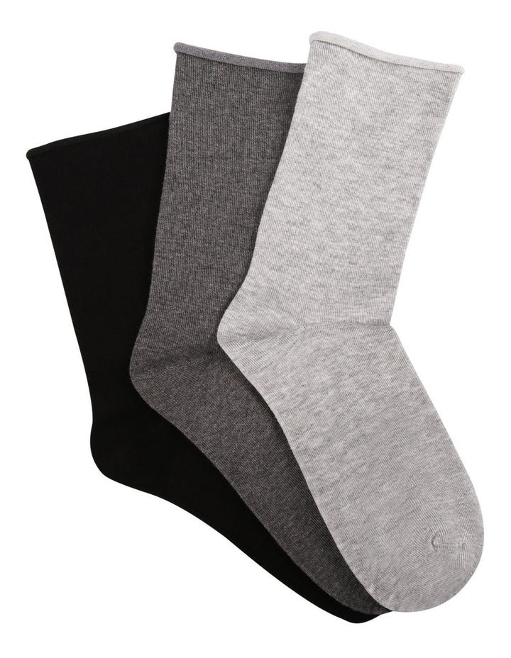 Cotton Blend Comfy Crew Length 3 Pair Socks in Black/Charcoal Marle
