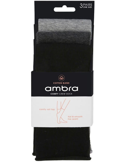 Cotton Blend Comfy Crew Length 3 Pair Socks in Black/Charcoal Marle