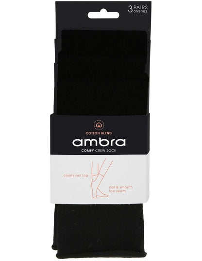 Cotton Blend Comfy Crew Length 3 Pair Socks in Black