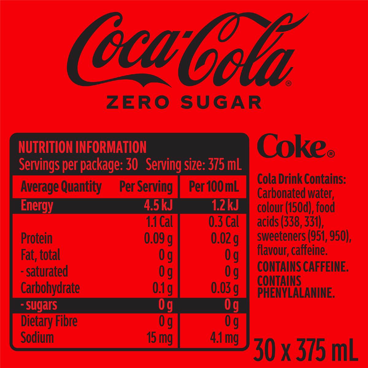 Coca-Cola Zero Sugar Soft Drink Multipack Cans 30 x 375mL