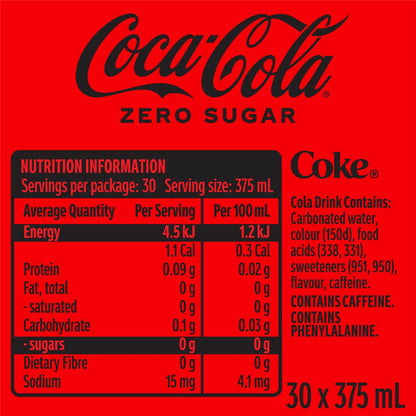 Coca-Cola Zero Sugar Soft Drink Multipack Cans 30 x 375mL