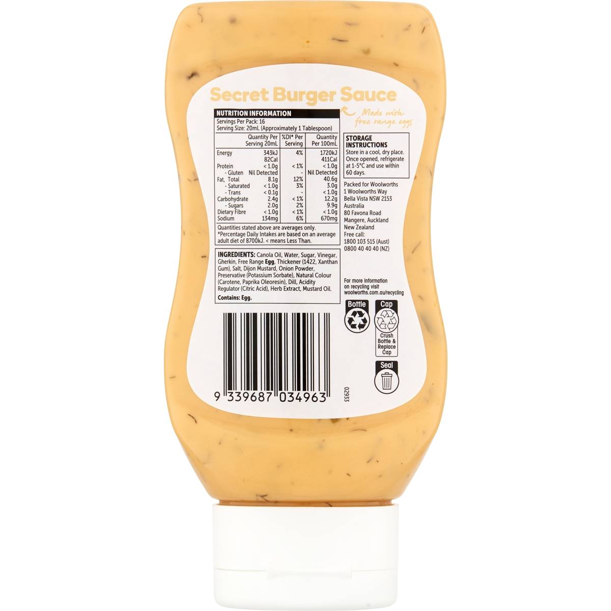 Woolworths Secret Burger Sauce 330ml