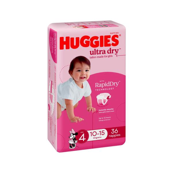 HUGGIES ULTRA DRY NAPPIES GIRLS SIZE 4 (10-15KG) 36 PACK