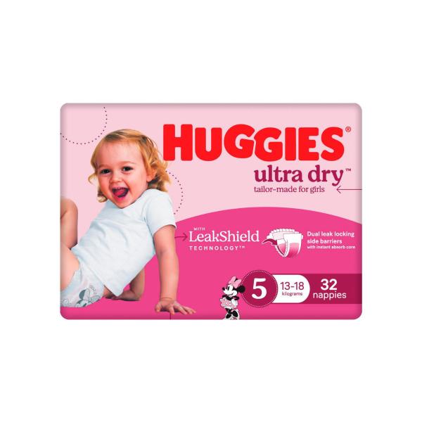 HUGGIES ULTRA DRY NAPPIES GIRLS SIZE 5 (13-18KG) 32 PACK
