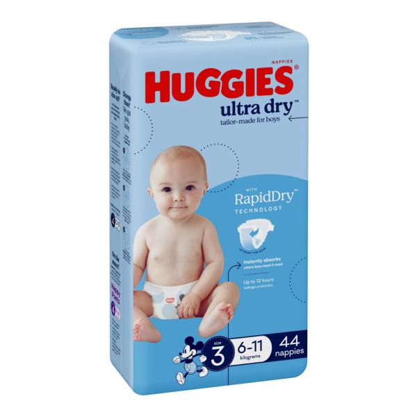 HUGGIES ULTRA DRY NAPPIES BOY CRAWLER SZ3 BULK: 44 PACK