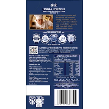 Lindt No Sugar Added Milk Chocolate Block 100g