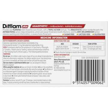 Difflam Plus Sore Throat Lozenges Honey Anaesthetic 16 pack