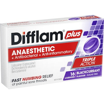 Difflam Plus Sore Throat Lozenges Blackcurrant Anaesthetic 16 pack