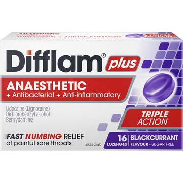 Difflam Plus Sore Throat Lozenges Blackcurrant Anaesthetic 16 pack