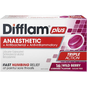 Difflam Plus Sore Throat Lozenges + Anaesthetic Berry 16 pack