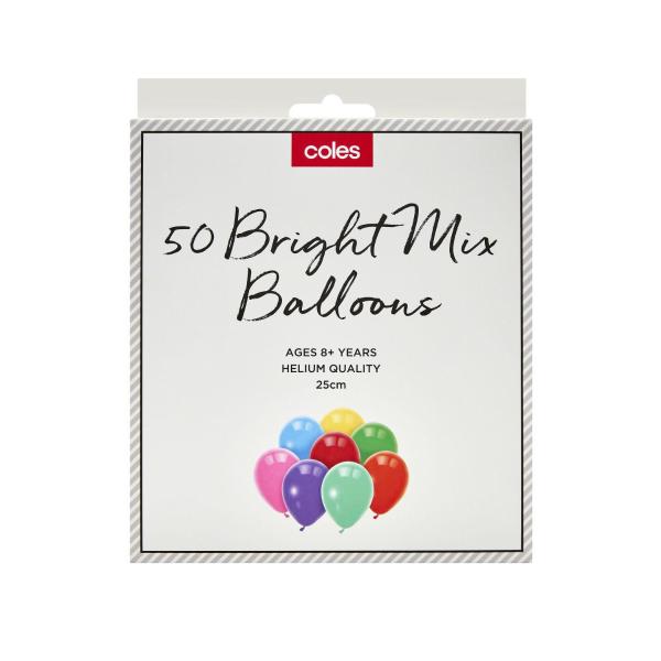 COLES MULTI COLOUR BALLOONS 50PACK