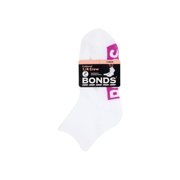 BONDS WOMENS SOCKS QUARTER LOGO SIZE 8+ 3PK
