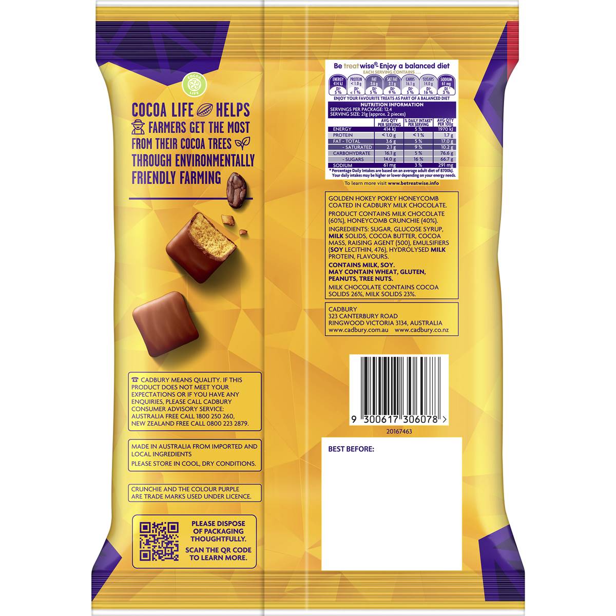 Cadbury Crunchie Chunks Chocolate Bites Large Snack & Share Bag 260g