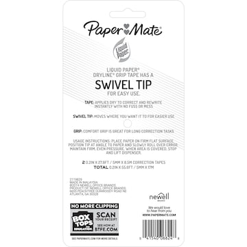 Paper Mate Liquid Paper Dryline Grip White Out Correction Tape 2 pack