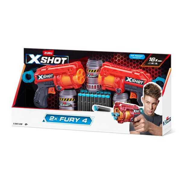 XSHOT Excel Double Fury 4 Blaster Combo Pack (16 Darts, 3 Cans) by ZURU