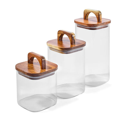 Set of 3 Linear Glass Canisters with Acacia Lids