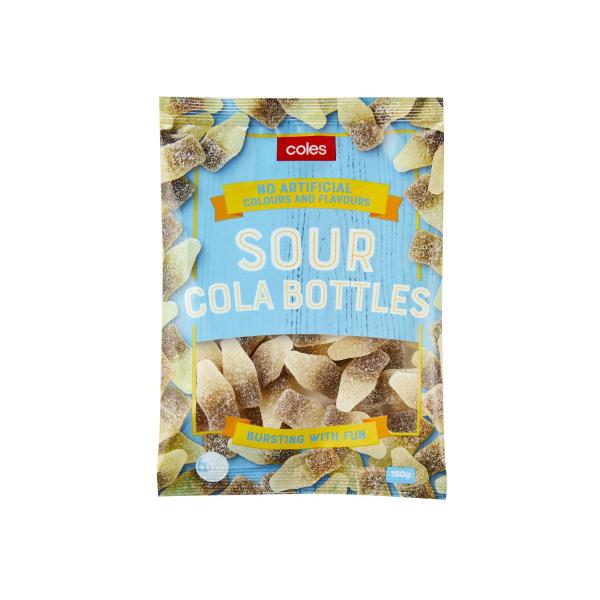 COLES SOUR COLA BOTTLES 150G