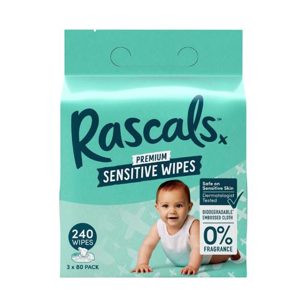 RASCALS PREMIUM SENSITIVE WIPES PLASTIC FREE CLOTH 3X80 MULTI-PACK