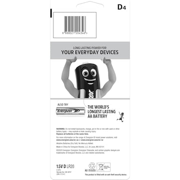 Energizer Max D Alkaline Batteries 4 pack