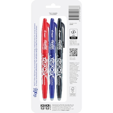 Pilot FriXion Ball Erasable Gel Pen 0.7mm Black Blue & Red 3 pack