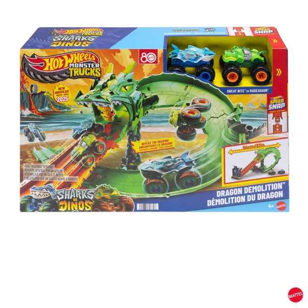 Mattel Hot Wheels Monster Trucks Sharks Vs. Dinos Dragon Destruction Playset