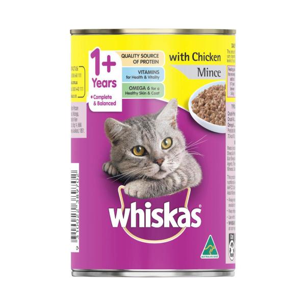 WHISKAS ADULT 1+ YEARS WET CAT FOOD WITH CHICKEN MINCE 400G CAN