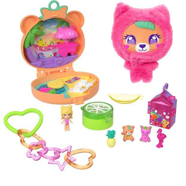 Polly Pocket Plushie Bear Compact, Doll & Keychain Playset