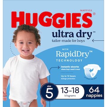 Huggies Ultra Dry Nappies Boys Size 5 (13-18kg) 64 pack