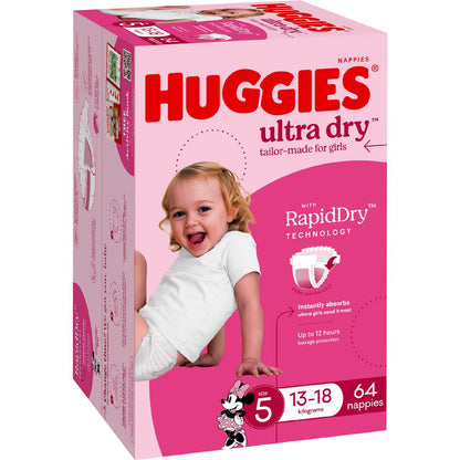 Huggies Ultra Dry Nappies Girls Size 5 (13-18kg) 64 Pack