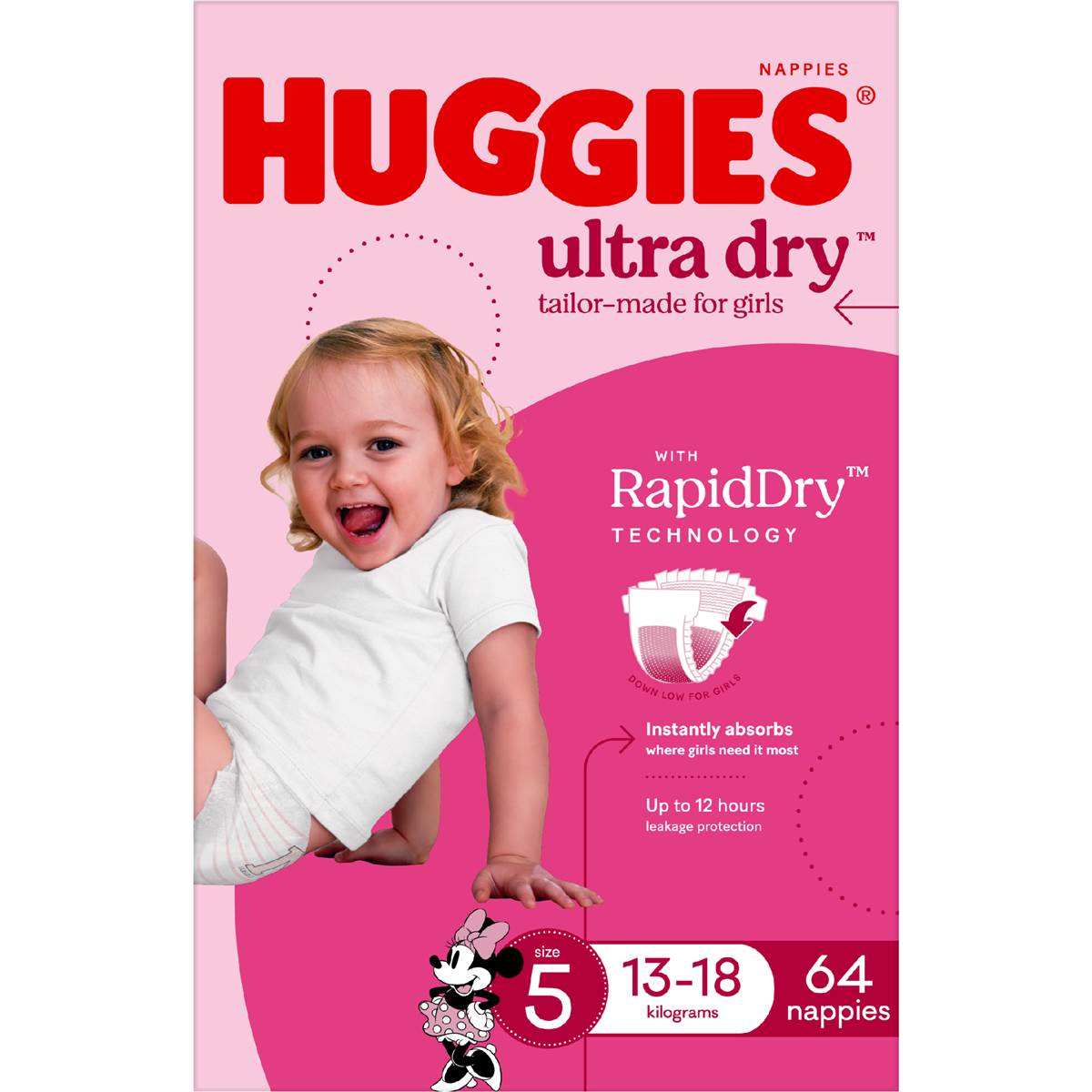 Huggies Ultra Dry Nappies Girls Size 5 (13-18kg) 64 Pack