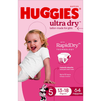 Huggies Ultra Dry Nappies Girls Size 5 (13-18kg) 64 Pack