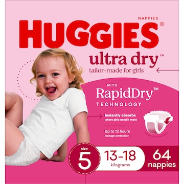 Huggies Ultra Dry Nappies Girls Size 5 (13-18kg) 64 pack