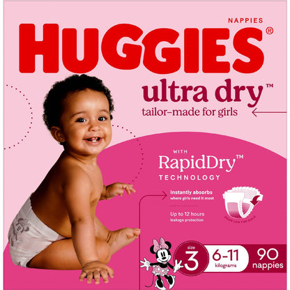 Huggies Ultra Dry Nappies Girls Size 3 (6-11kg) 90 Pack