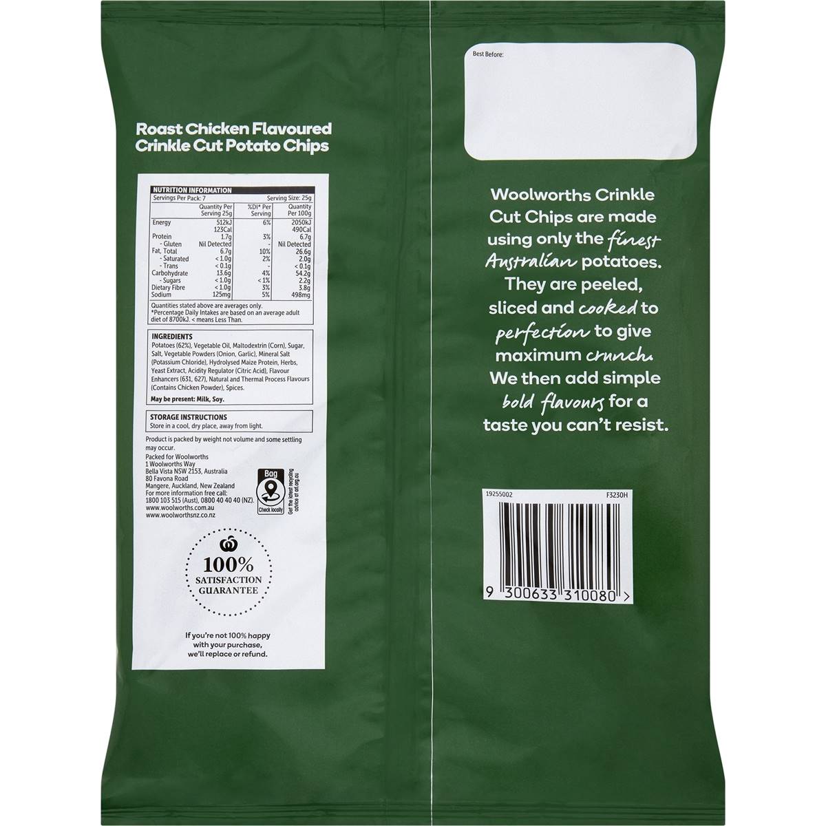 Woolworths Crinkle Cut Chips Roast Chicken 175g