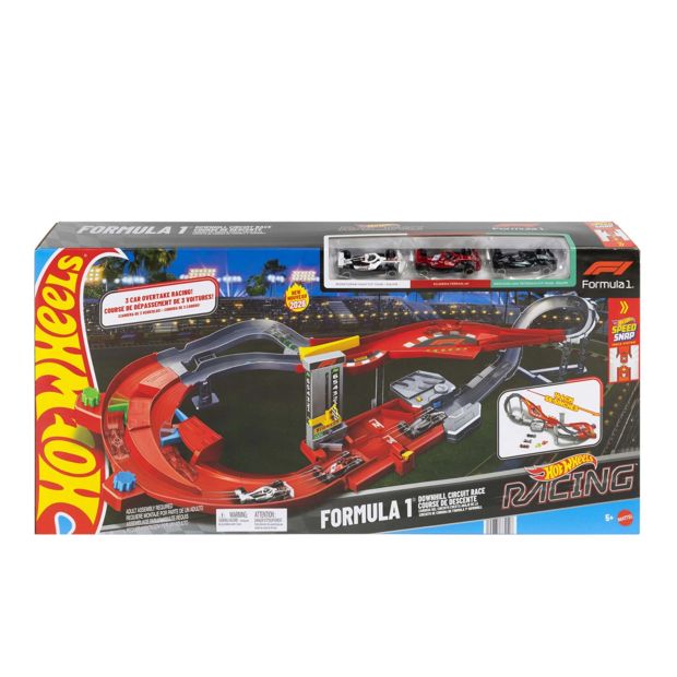 Hot Wheels Racing Formula 1 Downhill Circuit Race with 3 F1 Die-Cast Toy Cars in 1:64 Scale