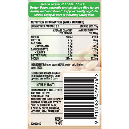 Edgell Canned Butter Beans Picked And Soaked Legumes 400g